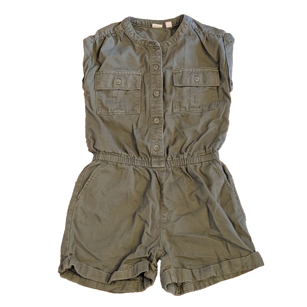 Olive Army Green Romper Girls Youth L Elastic Short Sleeve Gap Kids button up